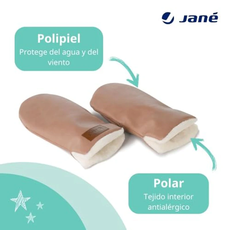 Jané Manoplas para Carrito, Guantes Carro Bebé, con Imán, Universales, Forro Polar Interior, Impermeable, Cortaviento, Polipiel Exterior, Color Marrón - Imagen 2