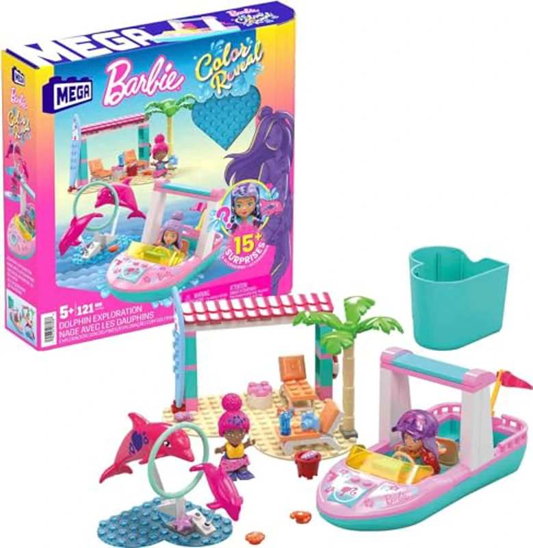 MEGA Construx Barbie Color Reveal Aventura con delfines Bloques de construcción con muñecas que revelan su color en el agua, 122 piezas, juguete +5 años (Mattel HHW83)