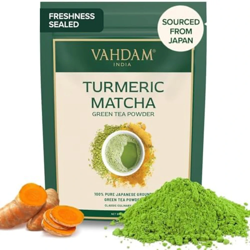 VAHDAM, Matcha De Cúrcuma Té Verde (50 Tazas / 100g) Matcha Japonés Puro Con Curcumina | Polvo De Cúrcuma India | Delicioso Matcha Latte