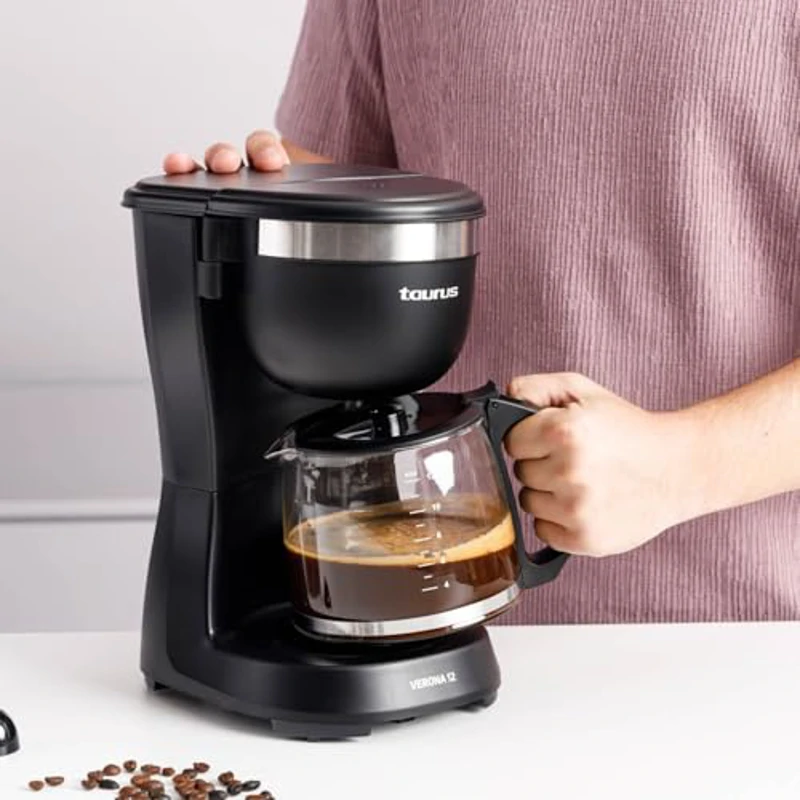 Taurus Cafetera de Goteo Verona 12, 680W, 1250 ml, Intense Flavour Tech, Placa Calefactora, Filtro Permanente Lavable, Jarra Cristal Antigoteo, Diseño Compacto Negro Mate, BPA Free - Imagen 3