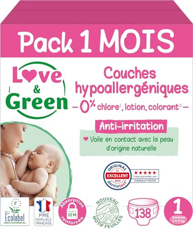 Love & Green – Pañales hipoalergénicos para bebé, pack de 6 x 23 (138 pañales) - Imagen 1