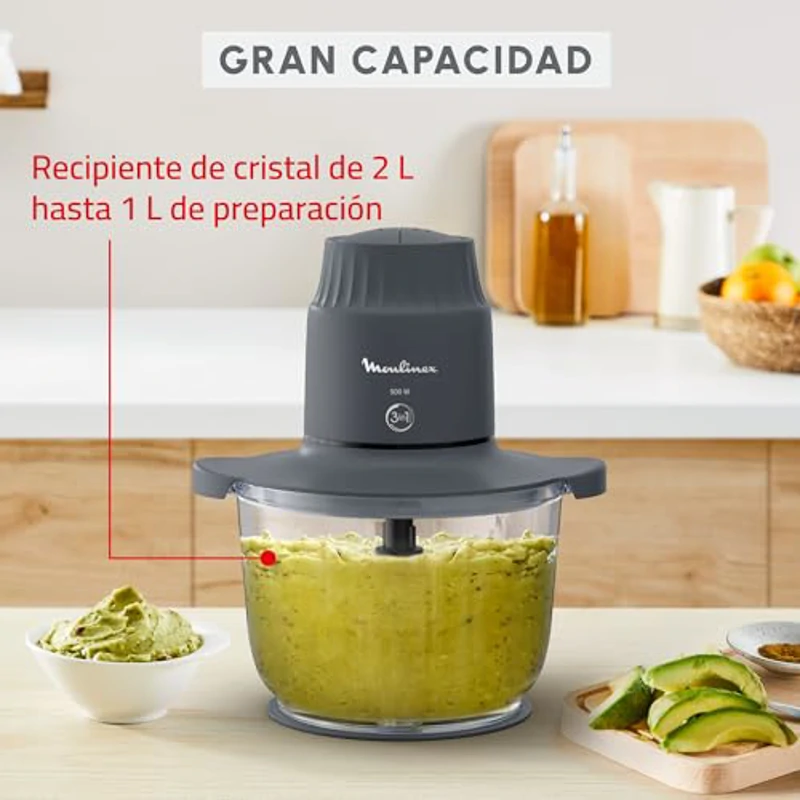 Moulinex Choppeo Picadora eléctrica con vaso de vidrio de 2 L (útil 1 L) | 4 cuchillas inox, 2 velocidades, motor 500 W | Vidrio de borosilicato resistente | Java Pepper DJ602110 - Imagen 2