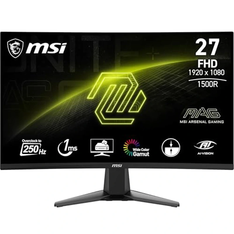 MSI mag 27C6F Monitor Curvo Gaming FHD de 27", 1500R 1920 x 1080 Panel VA rápido, 180 Hz / 0,5 ms (GtG, mín.), Sincronización adaptativa, DP 1.2a, HDMI CEC - Imagen 1
