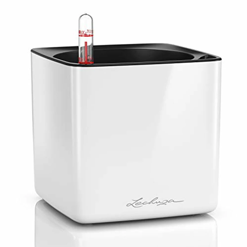 LECHUZA Cubo para plantas CUBE Glossy 14 con sistema de riego con varilla, blanco brillante - Imagen 1