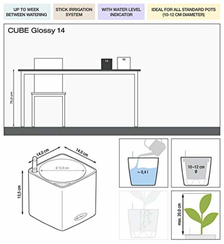 LECHUZA Cubo para plantas CUBE Glossy 14 con sistema de riego con varilla, blanco brillante - Imagen 2