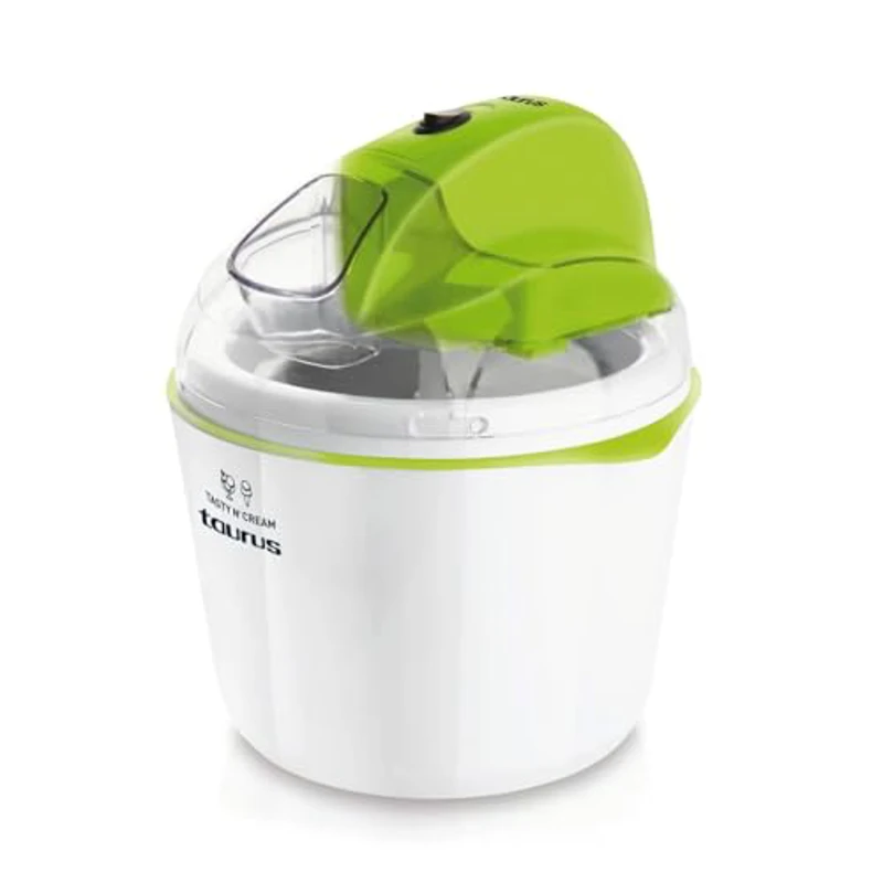 Taurus Tasty & Cream - Heladera eléctrica, 12W, 1,5litros de capacidad, bol extraíble para congelar, giro en ambos sentidos, mariposa mezcladora, recetario de 8 recetas, blanco y verde - Imagen 1