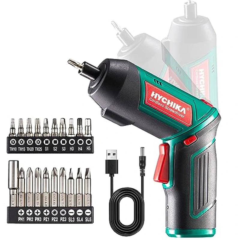 HYCHIKA Destornillador Eléctrico 6N.m, Atornillador Eléctrico Inalámbrico 3.6v Batería 2000mAh (Máximo Par 6 N.m) LED Luz, Mandril Magnétic, Cable USB, 20 Accesorios - Imagen 1