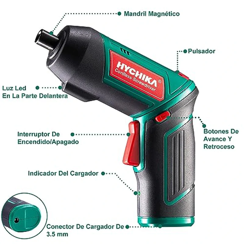 HYCHIKA Destornillador Eléctrico 6N.m, Atornillador Eléctrico Inalámbrico 3.6v Batería 2000mAh (Máximo Par 6 N.m) LED Luz, Mandril Magnétic, Cable USB, 20 Accesorios - Imagen 2