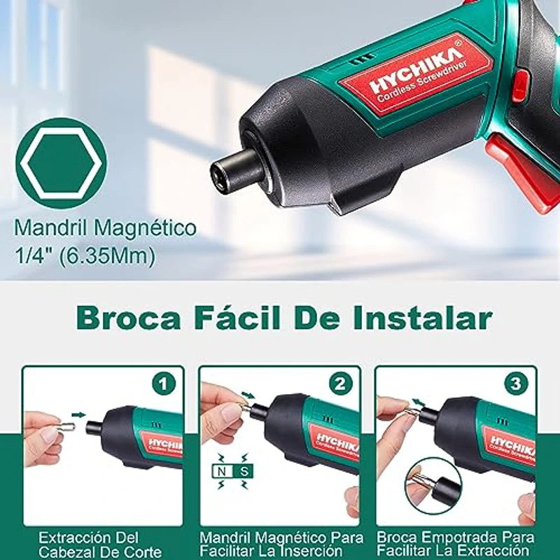 HYCHIKA Destornillador Eléctrico 6N.m, Atornillador Eléctrico Inalámbrico 3.6v Batería 2000mAh (Máximo Par 6 N.m) LED Luz, Mandril Magnétic, Cable USB, 20 Accesorios - Imagen 3