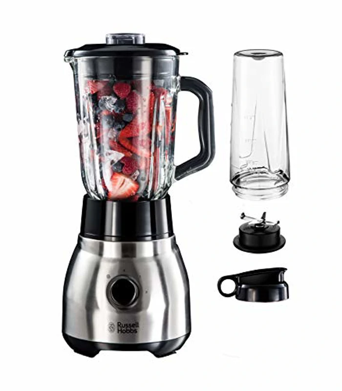 Russell Hobbs Batidora de Vaso 2 en 1 Stainless-Steel - Batidora Smoothie, Jarra de Cristal 1,5L, Vaso para Zumos y Batidos, Cuchilla Acero Inoxidable 4 Puntas, Bloqueo de Seguridad, Plata - 23821-56 - Imagen 1