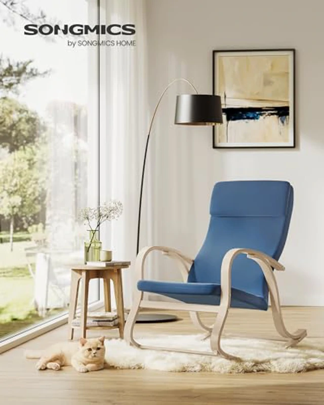 SONGMICS Sedia a Dondolo, Poltrona Oscillante, Copertura in Tessuto di Cotone Sfoderabile, Sedia a Sdraio, Struttura in Legno di Betulla, Capacità di Carico di 120 kg, BLU Notte LYY030Q01 - Imagen 2