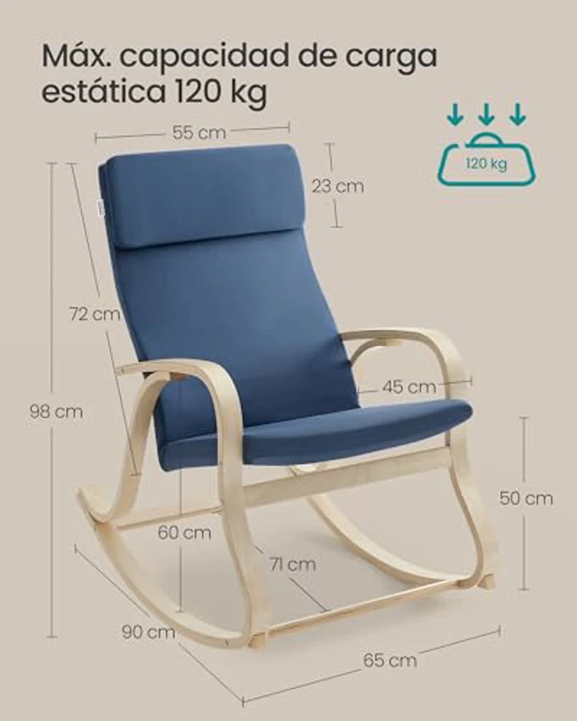 SONGMICS Sedia a Dondolo, Poltrona Oscillante, Copertura in Tessuto di Cotone Sfoderabile, Sedia a Sdraio, Struttura in Legno di Betulla, Capacità di Carico di 120 kg, BLU Notte LYY030Q01 - Imagen 3