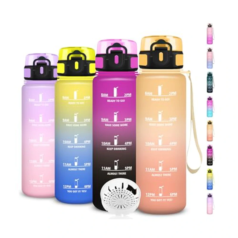 Botella Agua 1 Litro, Botella Agua, A Prueba de Fugas, Fácil de Transportar, Cantimplora Infantil con Filtro, Cantimplora con Marca de Tiempo, para la Adulto, Senderismo, Oficina, Deportes, Camping - Imagen 1