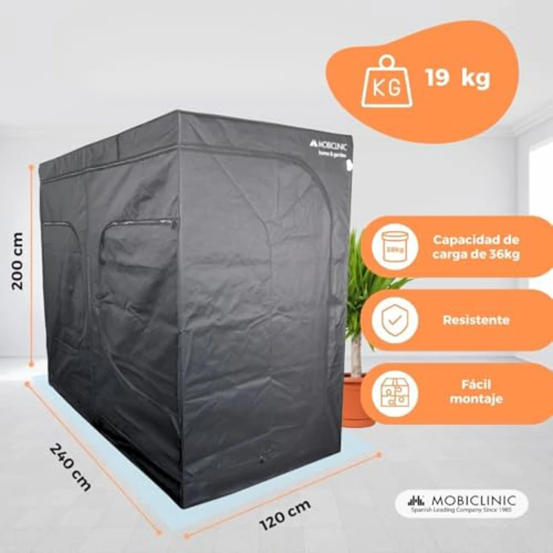 Mobiclinic®, Armario de Cultivo Interior, 240x120x200cm, Growbox, Reflectante Premium Mylar 97%, Hidropónico, Impermeable, Fondo Desmontable, Tejido Nylon Grueso, Estructura Resistente, Grow Tent - Imagen 2