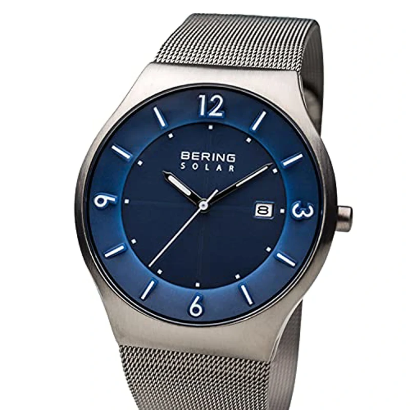 BERING 14440-007 Reloj solar para hombre con caja de acero inoxidable de 40 mm con acabado en gris y esfera azul, correa milanesa, cristal de zafiro y resistencia al agua de 5 ATM - Imagen 3