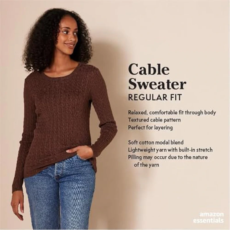 Amazon Essentials Jersey de Cuello Redondo y Manga Larga en Ligero Punto Trenzado (Disponible en Tallas Grandes) Mujer, Carbón Mezcla, M - Imagen 2