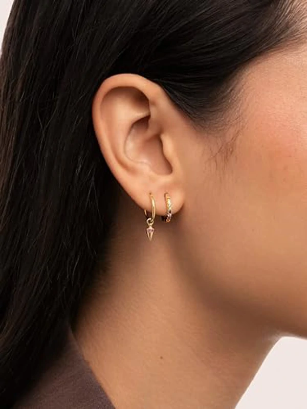 SINGULARU - Pendiente Suelto Aro Cono Rosa. Plata de Ley con Baño en Oro de 18 Kt y Circonita. Joyas Para Mujer - Imagen 2