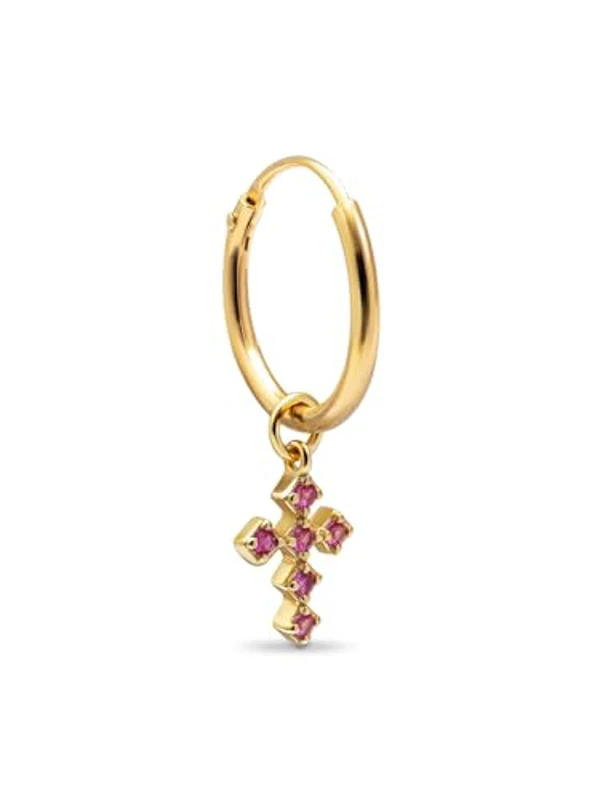 SINGULARU - Pendiente Suelto Aro Cruz Rosa. Plata de Ley con Baño en Oro de 18 Kt y Circonita. Joyas Para Mujer - Imagen 1