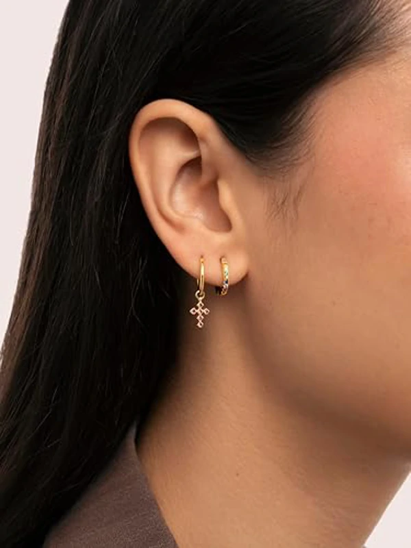 SINGULARU - Pendiente Suelto Aro Cruz Rosa. Plata de Ley con Baño en Oro de 18 Kt y Circonita. Joyas Para Mujer - Imagen 2