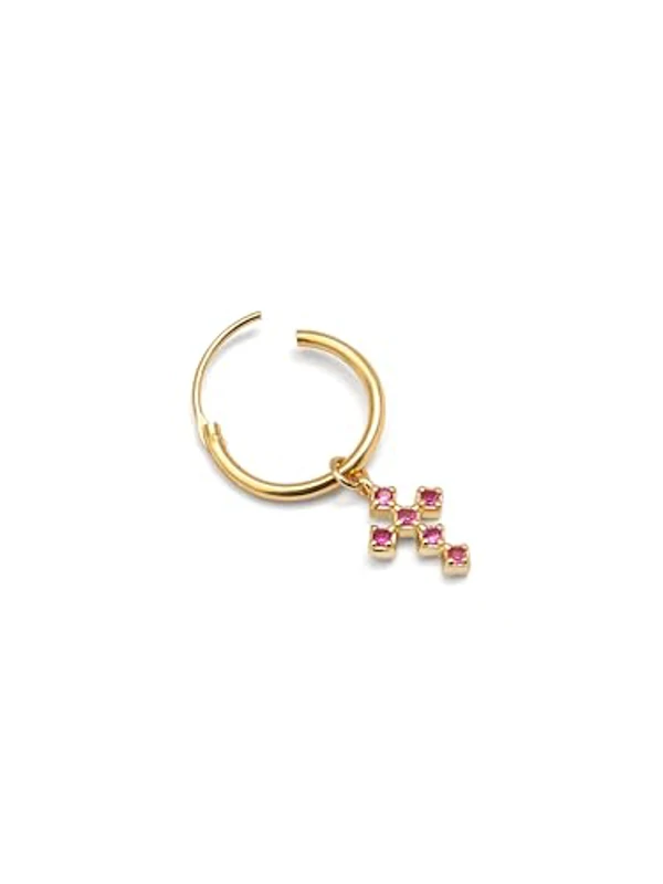 SINGULARU - Pendiente Suelto Aro Cruz Rosa. Plata de Ley con Baño en Oro de 18 Kt y Circonita. Joyas Para Mujer - Imagen 3