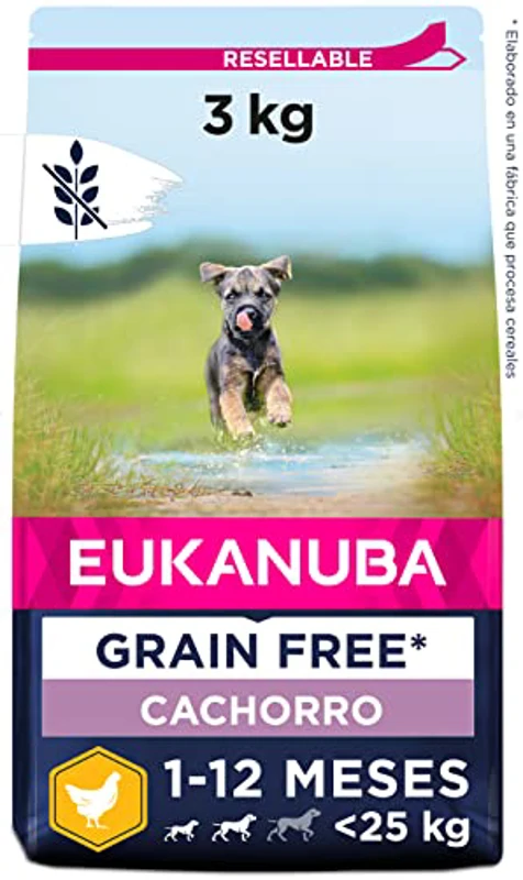EUKANUBA Grain Free, Alimento para Cachorros de Razas Pequeñas y Medianas, Rico en Pollo, 3kg - Imagen 1