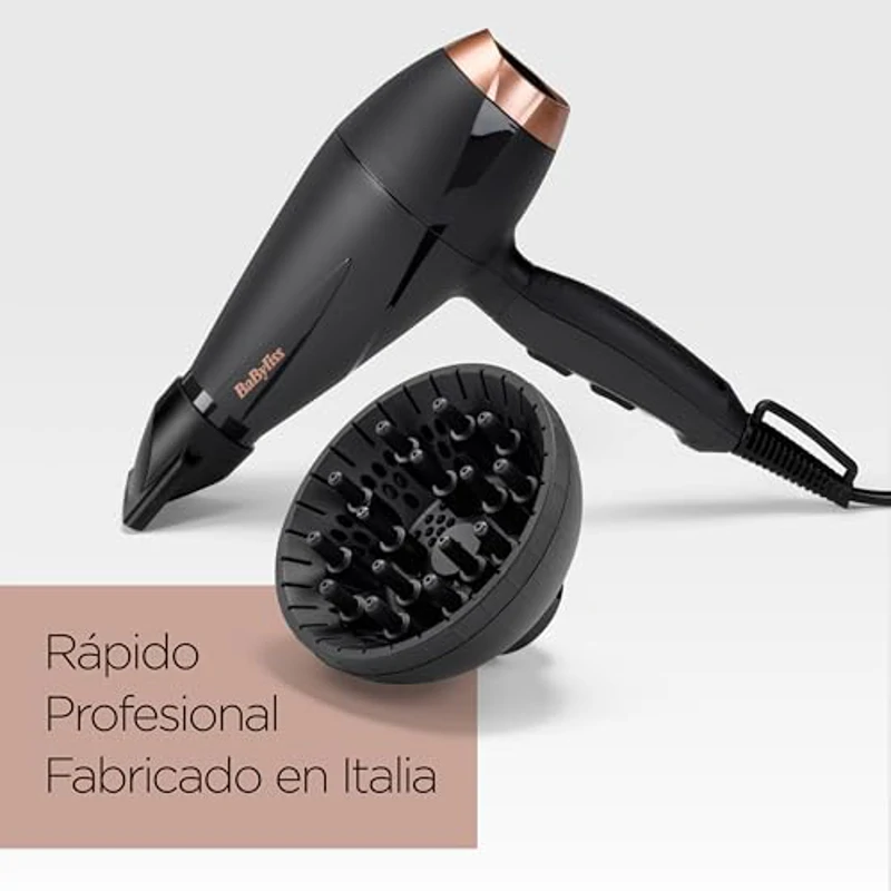 BaByliss Secador de Pelo Smooth Pro con Difusor - Secador Potente de 2100W, Fabricado en Italia, Tecnología iónica antiencrespamiento, 3 ajustes de temperatura y 2 Velocidades, Negro, 6709DE - Imagen 2