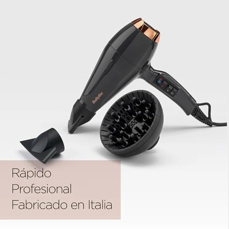 BaByliss Secador de pelo Italian Air Pro con Difusor - Motor AC Profesional, Alta potencia 2200 W, Tecnología iónica antiencrespamiento, 2 temperaturas y 2 velocidades, Made In Italy, Negro, 6719DE - Imagen 2