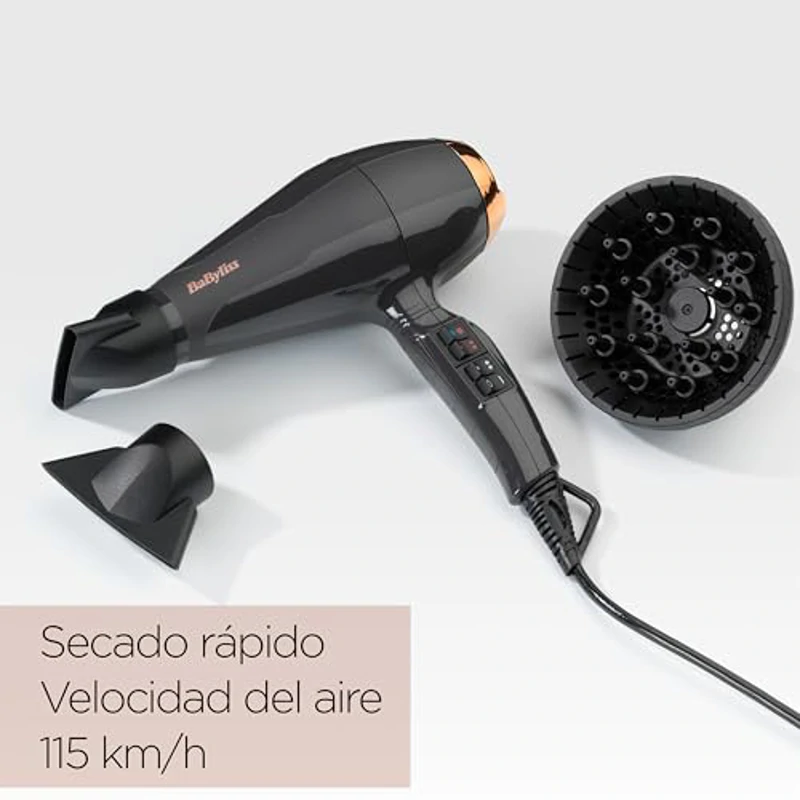 BaByliss Secador de pelo Italian Air Pro con Difusor - Motor AC Profesional, Alta potencia 2200 W, Tecnología iónica antiencrespamiento, 2 temperaturas y 2 velocidades, Made In Italy, Negro, 6719DE - Imagen 3