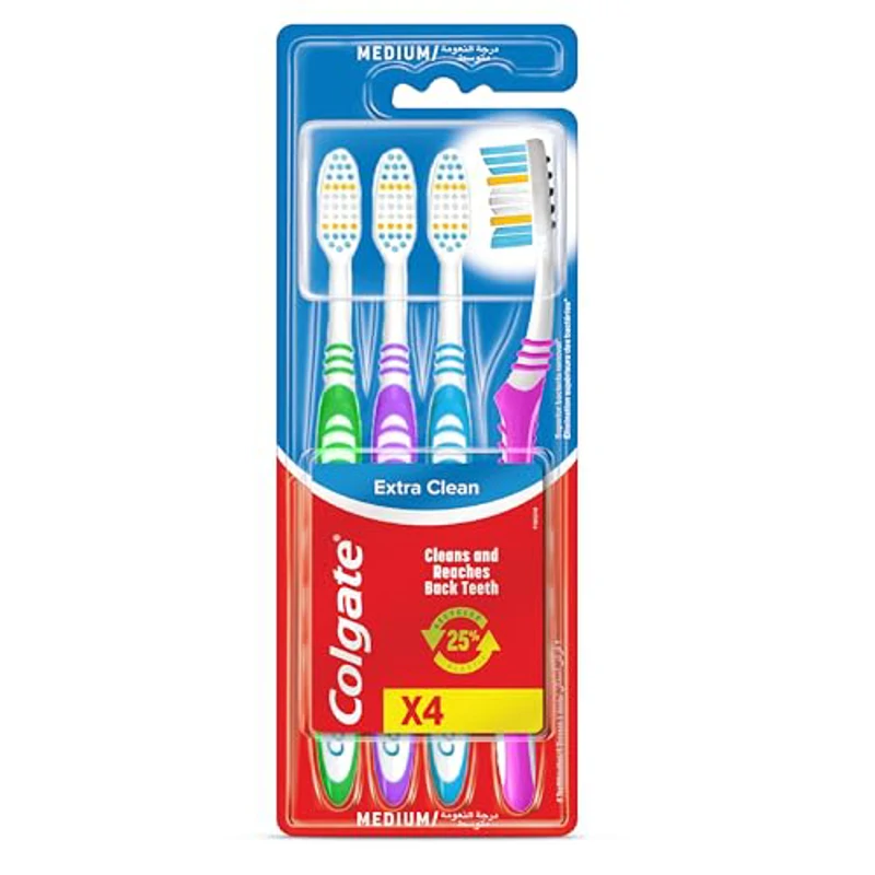 COLGATE Cepillo de dientes Extra Clean medio, limpia alcanzando hasta los dientes posteriores Pack 2+2, Multicolor (CP21509) - Imagen 1