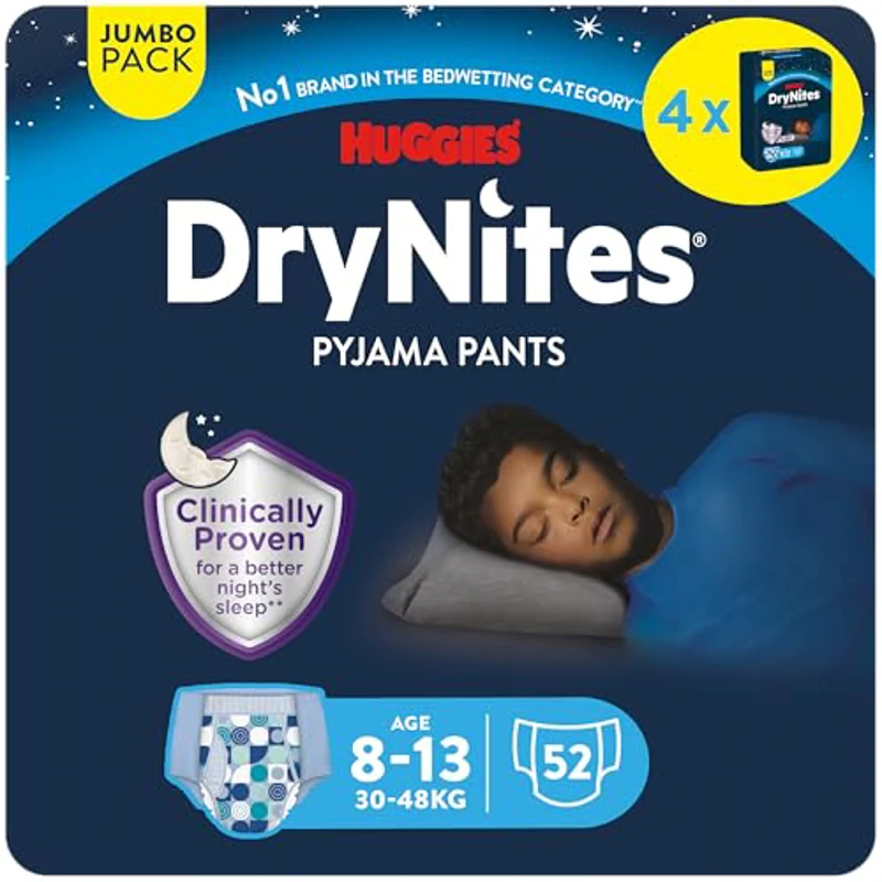 Huggies DryNites Pañales de Noche para Niño 8-13 (30-48 kg), Clínicamente Probado con 5 Capas de Máxima Protección Nocturna, 4 Packs de 13, Total 52 Calzoncillos Absorbentes - Imagen 1