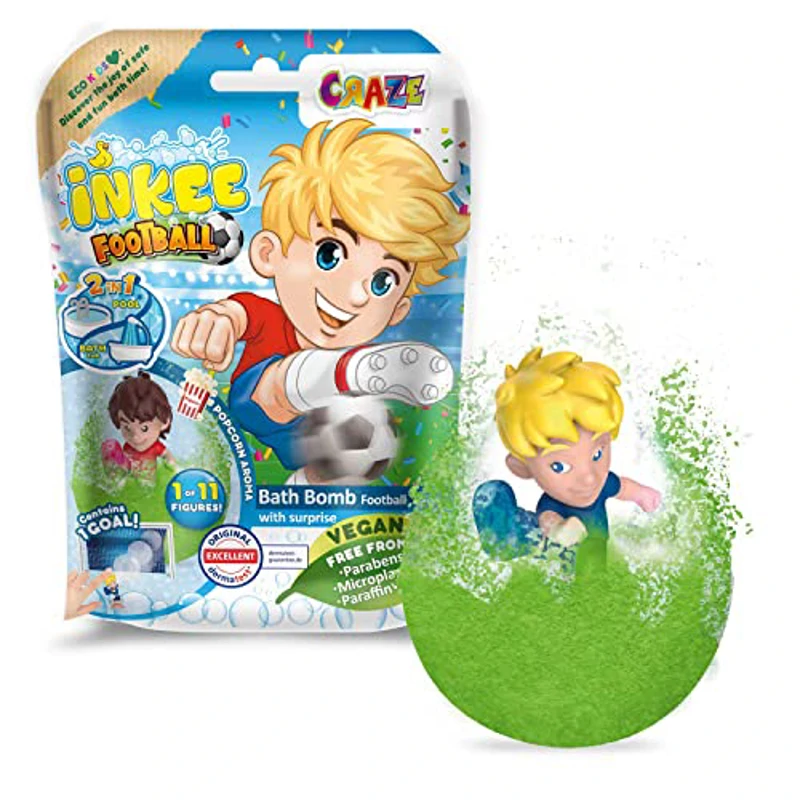INKEE Bomba de baño para niños con figura Sorpresa de Jugador de Fútbol, Bombas de baño con aroma a Palomitas, Color verde o azul, 80g, 1 de 6 diseños - Imagen 1
