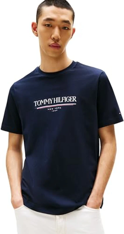 Tommy Hilfiger Camiseta de Manga Corta Hombre Brand Love tee de algodón, Azul (Desert Sky), L - Imagen 1