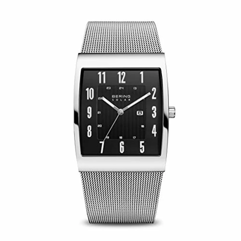 BERING 16433-002 Reloj solar para hombre de 33 mm con caja de acero inoxidable plateado y esfera negra, correa milanesa, cristal de zafiro y resistencia al agua de 3 ATM - Imagen 1