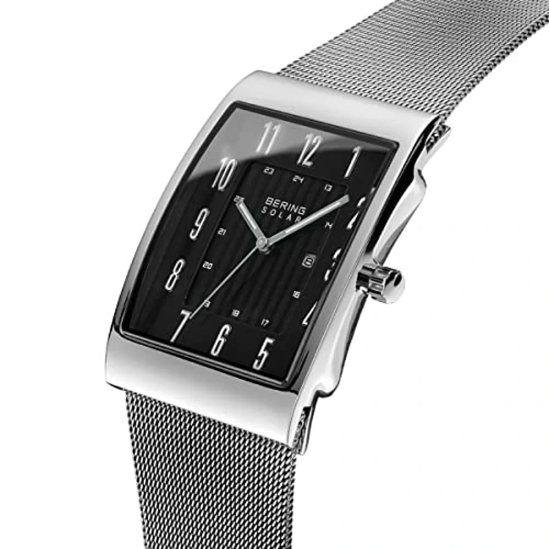 BERING 16433-002 Reloj solar para hombre de 33 mm con caja de acero inoxidable plateado y esfera negra, correa milanesa, cristal de zafiro y resistencia al agua de 3 ATM - Imagen 3
