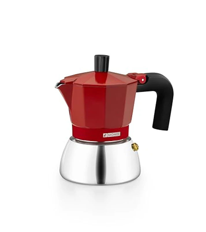 Monix Induction Inox Cafetera Italiana de Aluminio y Acero Inoxidable, 3 tazas de capacidad, Mango termorresistente, Fácil de Lavar, Apta para todo tipo de Cocinas incluida Inducción, color rojo - Imagen 1