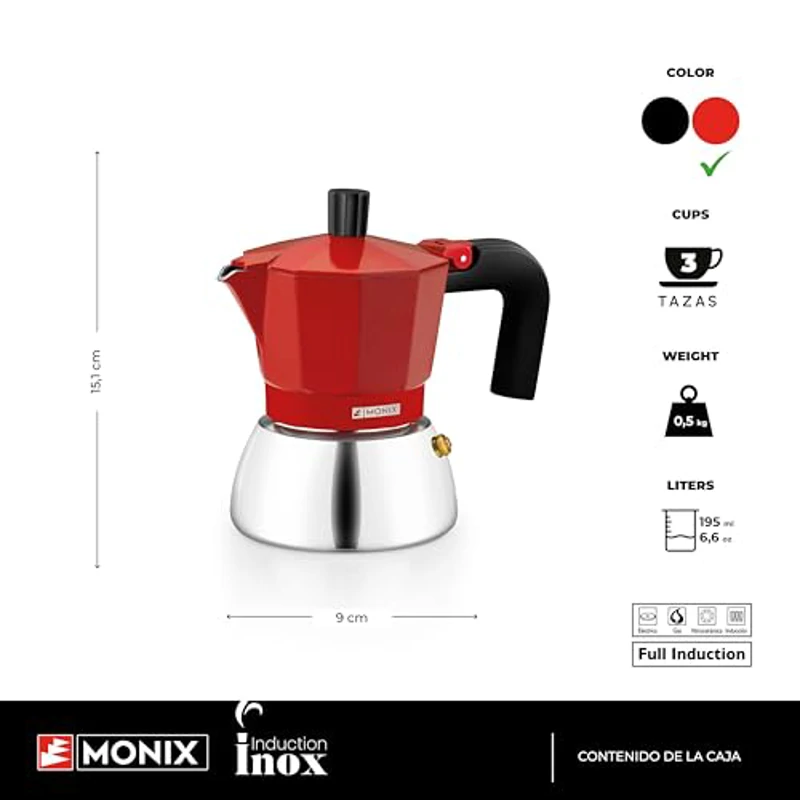 Monix Induction Inox Cafetera Italiana de Aluminio y Acero Inoxidable, 3 tazas de capacidad, Mango termorresistente, Fácil de Lavar, Apta para todo tipo de Cocinas incluida Inducción, color rojo - Imagen 2
