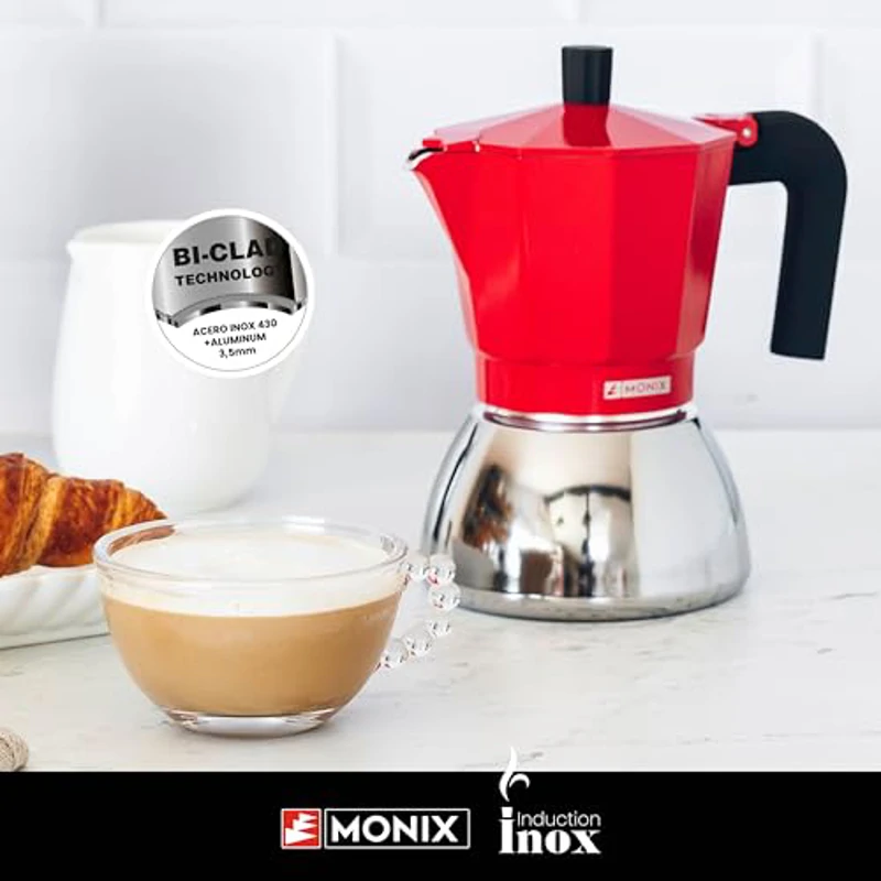 Monix Induction Inox Cafetera Italiana de Aluminio y Acero Inoxidable, 3 tazas de capacidad, Mango termorresistente, Fácil de Lavar, Apta para todo tipo de Cocinas incluida Inducción, color rojo - Imagen 3
