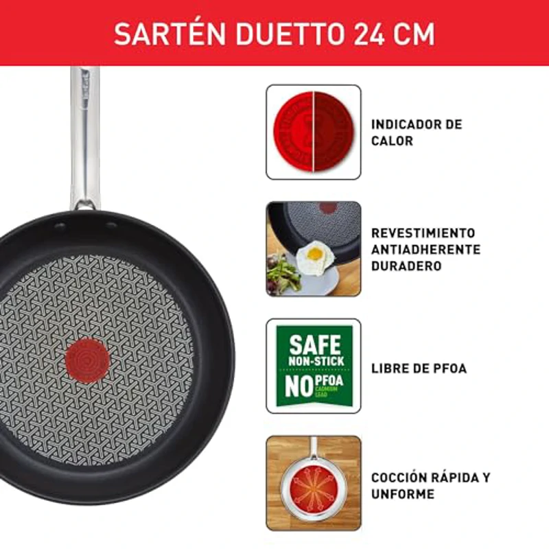 Tefal Duetto - Sartén de 24 cm, Apto inducción, antiadherente, revestimiento titanio, Thermo-signal, sin PFOA, apto lavavajillas y horno, acero inoxidable - Imagen 3