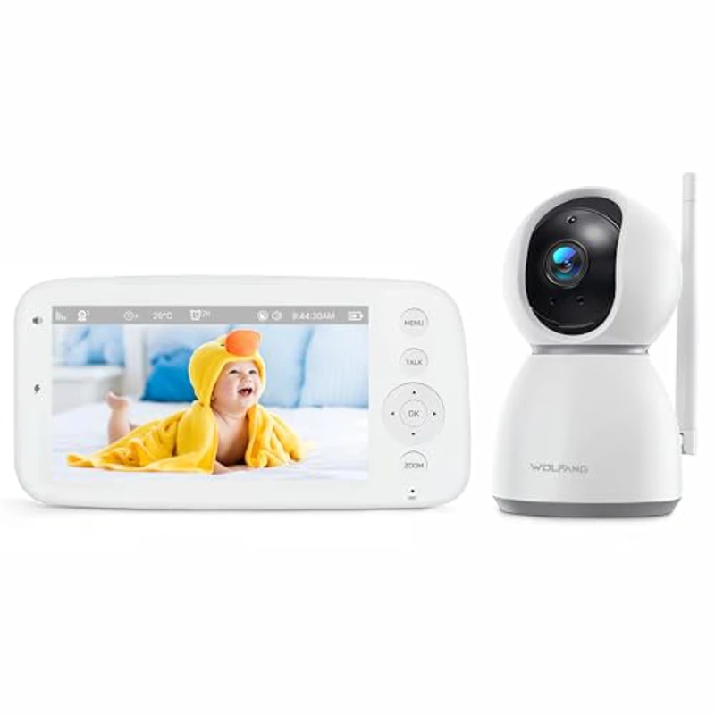 WOLFANG 1080P Camara Vigilancia Bebe con 5" 720P Pantalla, Vigilabebes con Camara con Rotación de 360° y Zoom, Sin WiFi, Visión Nocturna, Comunicación Bidirecciona, Temperatura, Detección de Llanto - Imagen 1