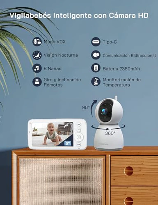 WOLFANG 1080P Camara Vigilancia Bebe con 5" 720P Pantalla, Vigilabebes con Camara con Rotación de 360° y Zoom, Sin WiFi, Visión Nocturna, Comunicación Bidirecciona, Temperatura, Detección de Llanto - Imagen 2