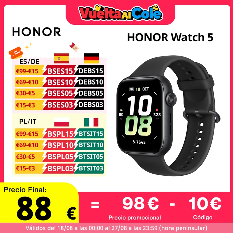 Versión Global HONOR Watch 5 Smartwatch Seguimiento GPS preciso Escaneo rápido de salud Pantalla grande de 1,85 pulgadas Batería de larga duración de hasta 15 días Compatible con GPS IP68 - Imagen 1