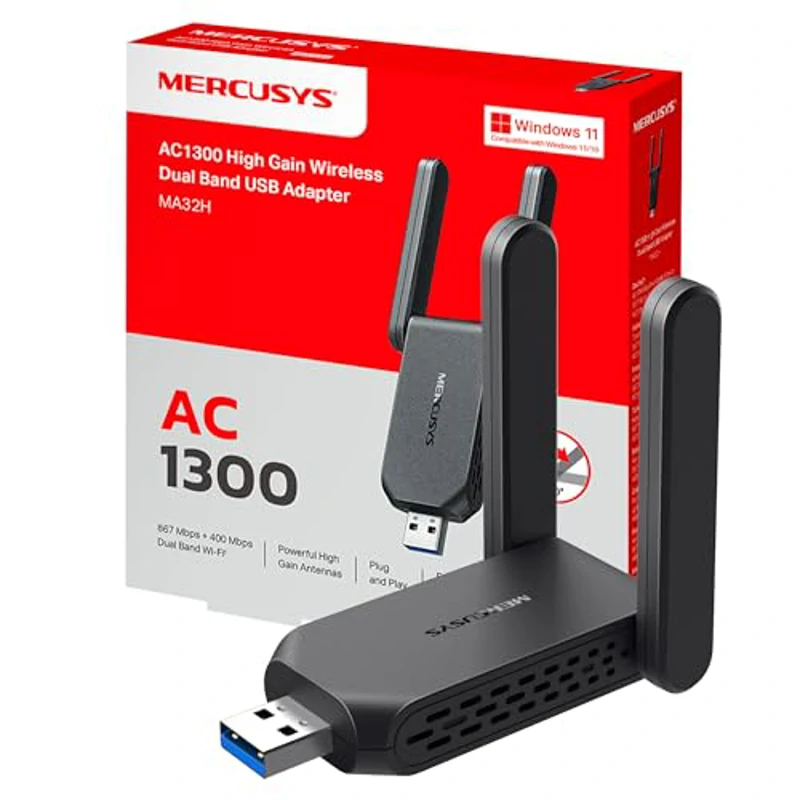 Mercusys MA32H Adaptador USB Wi-Fi de Alta Ganancia AC1300 de Doble Banda (5 GHz y 2,4 GHz), con Antenas externas, Compatible con Windows 10 y 11, Seguridad WPA3, USB 3.0 - Imagen 1