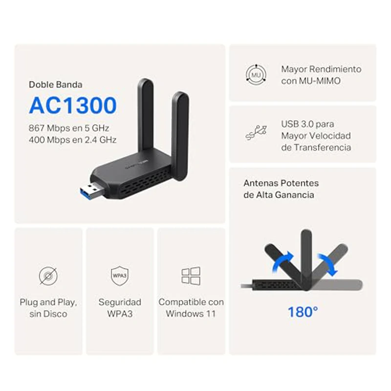 Mercusys MA32H Adaptador USB Wi-Fi de Alta Ganancia AC1300 de Doble Banda (5 GHz y 2,4 GHz), con Antenas externas, Compatible con Windows 10 y 11, Seguridad WPA3, USB 3.0 - Imagen 2