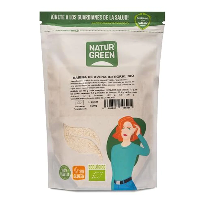 NaturGreen - Harina de Avena Integral, Granos de Avena Molidos, Ecológico, Condimento Bio, 100% Vegano - 500 g - Imagen 1