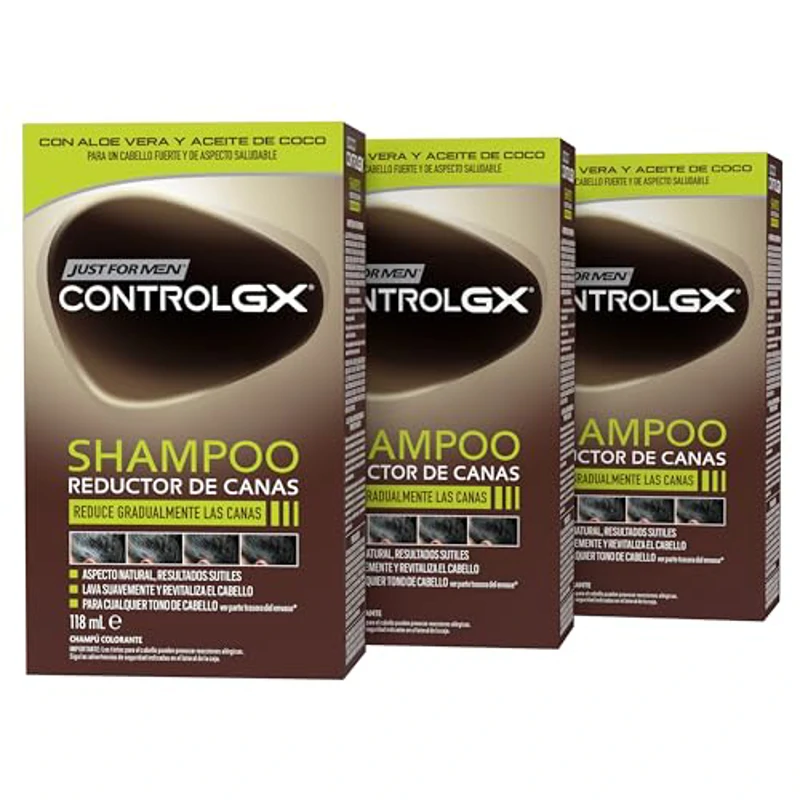 Just For Men Control GX Champú Y Tinte de Pelo para Hombre, Reduce El Cabello Gris en Cada Lavado, Con Aceite De Coco Y Aloe Vera, Para Todos Los Tonos, 118ml (3 Pack) - Imagen 1