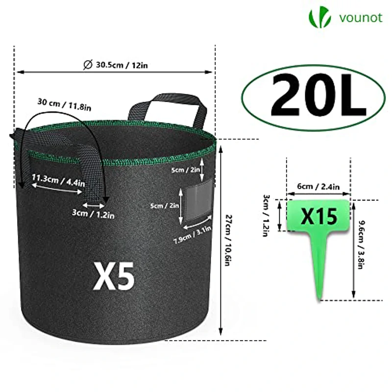 VOUNOT® 5 Piezas Bolsas de Cultivo Plantas 20L, Maceta de Tela Cultivo de Patatas con Asas y Etiquetas de Plantas, Bolsa de Siembra no Tejida para Papas Tomates Fresas - Imagen 2