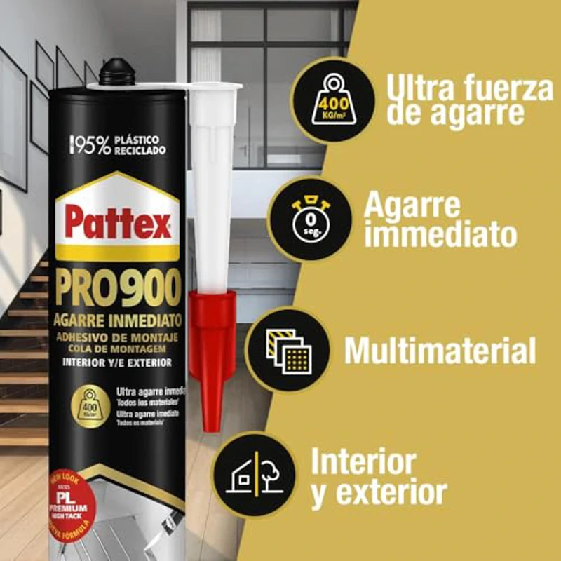 Pattex PRO900 Adhesivo de montaje para interiores y exteriores, pegamento fuerte de agarre inmediato, pegamento extrafuerte resistente al agua con gran poder de relleno, 1 cartucho x 460 g - Imagen 3