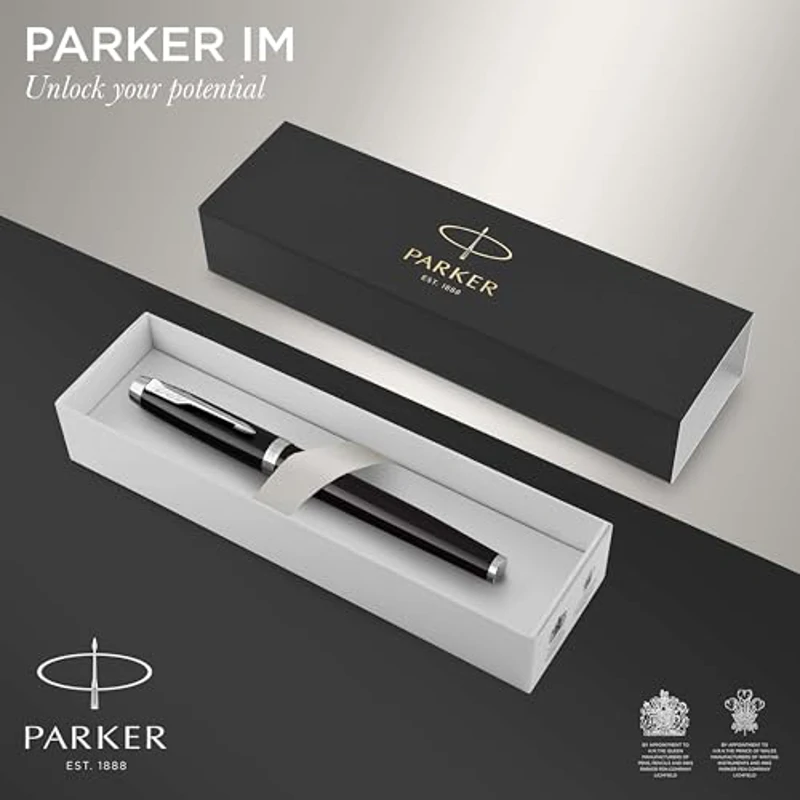Parker IM pluma estilográfica | lacada en negro con adorno cromado | plumín mediano y recambio de tinta azul - Imagen 2