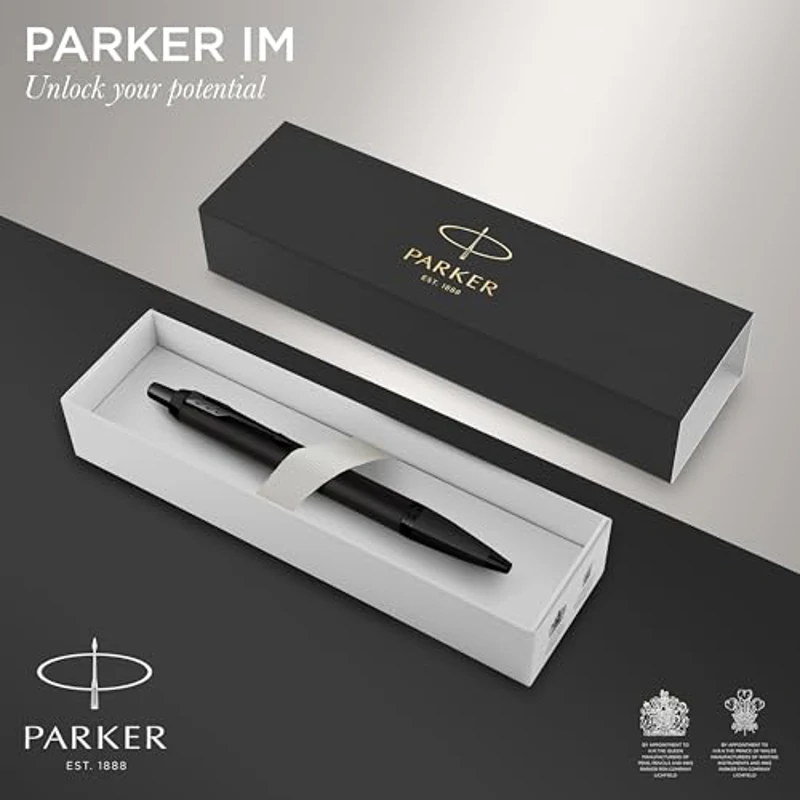 PARKER IM bolígrafo | Negro mate con adornos negros | Punta mediana con recambio de tinta azul | Estuche de regalo - Imagen 2