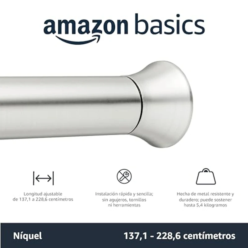 Amazon Basics Barra de Cortina de Ducha con tensión Ajustable, de 137 a 229 cm, Color níquel - Imagen 2